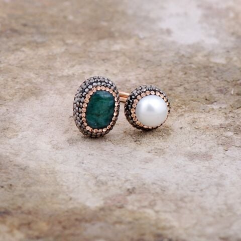 Kök Zümrüt Ve İnci Taşlı Elişi Tasarım Rose  Gümüş Yüzük 2158