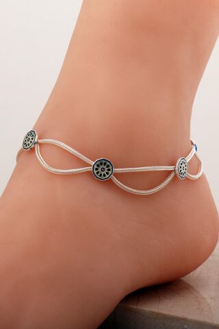 Anadolu Motifli Mineli Hasır Elişi Gümüş Halhal 392