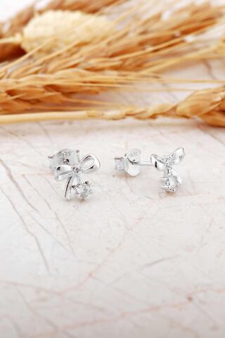 Taşlı Fiyonk Rodyumlu Mini Gümüş Küpe 7370