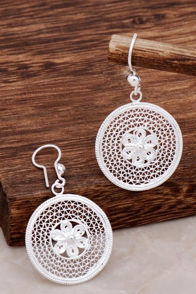 Telkari Çiçek  Sallantılı Tasarım Gümüş Küpe4607
