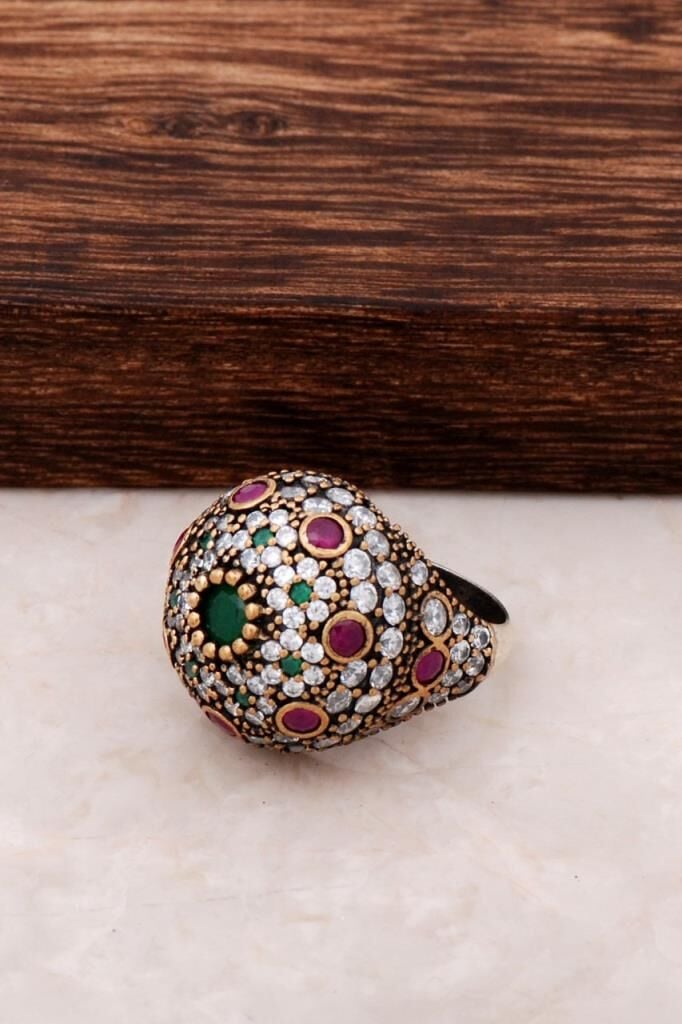 Zirkon ve Kök Zümrüt Taşlı Gümüş Yüzük 721