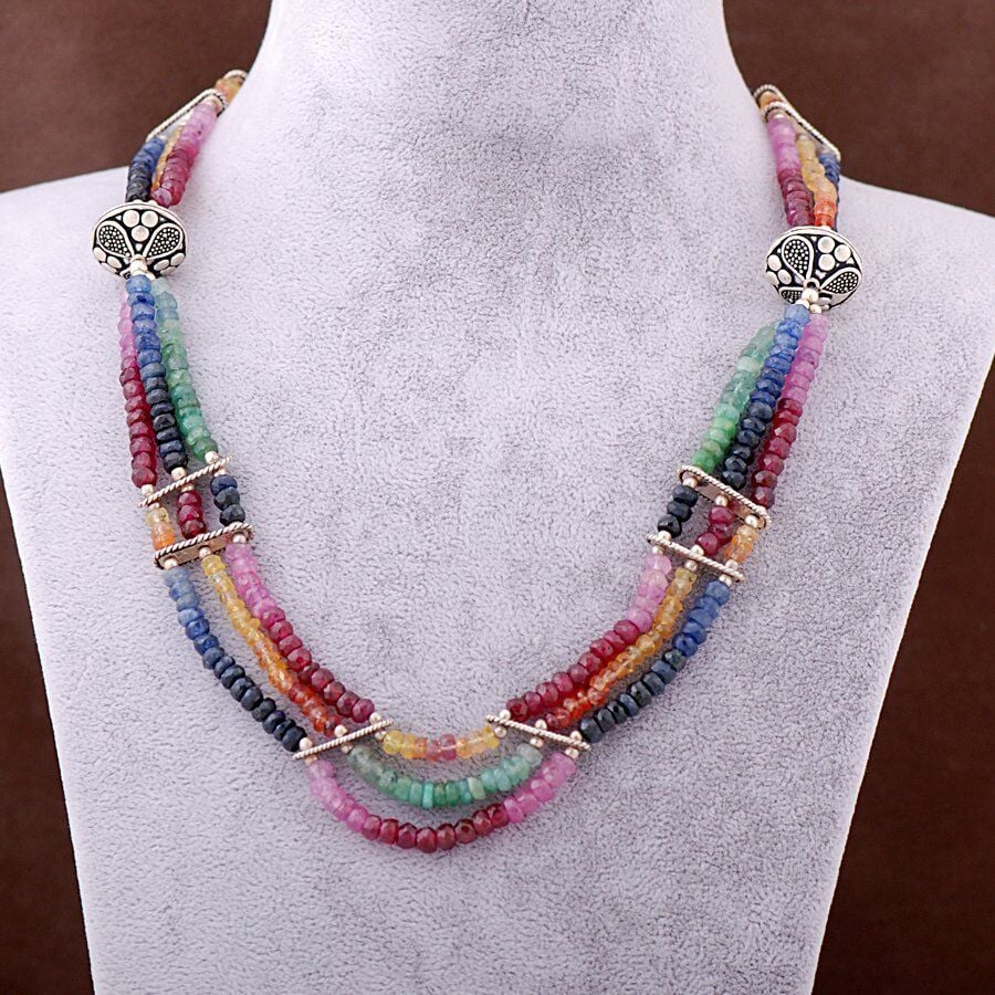 Zümrüt Yakut Safir Taşlı Dizgi Gümüş Kolye 3414