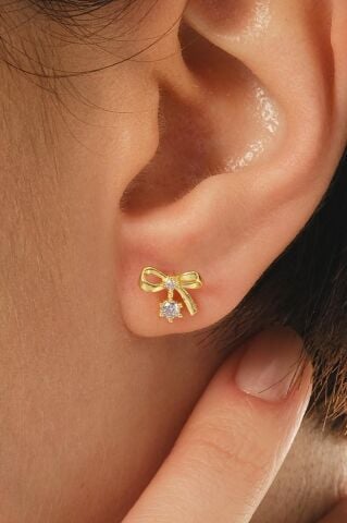 Taşlı Fiyonk Altın Kaplama Mini Gümüş Küpe 7371