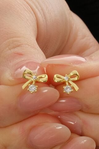 Taşlı Fiyonk Altın Kaplama Mini Gümüş Küpe 7371