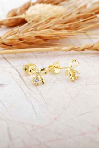 Taşlı Fiyonk Altın Kaplama Mini Gümüş Küpe 7371