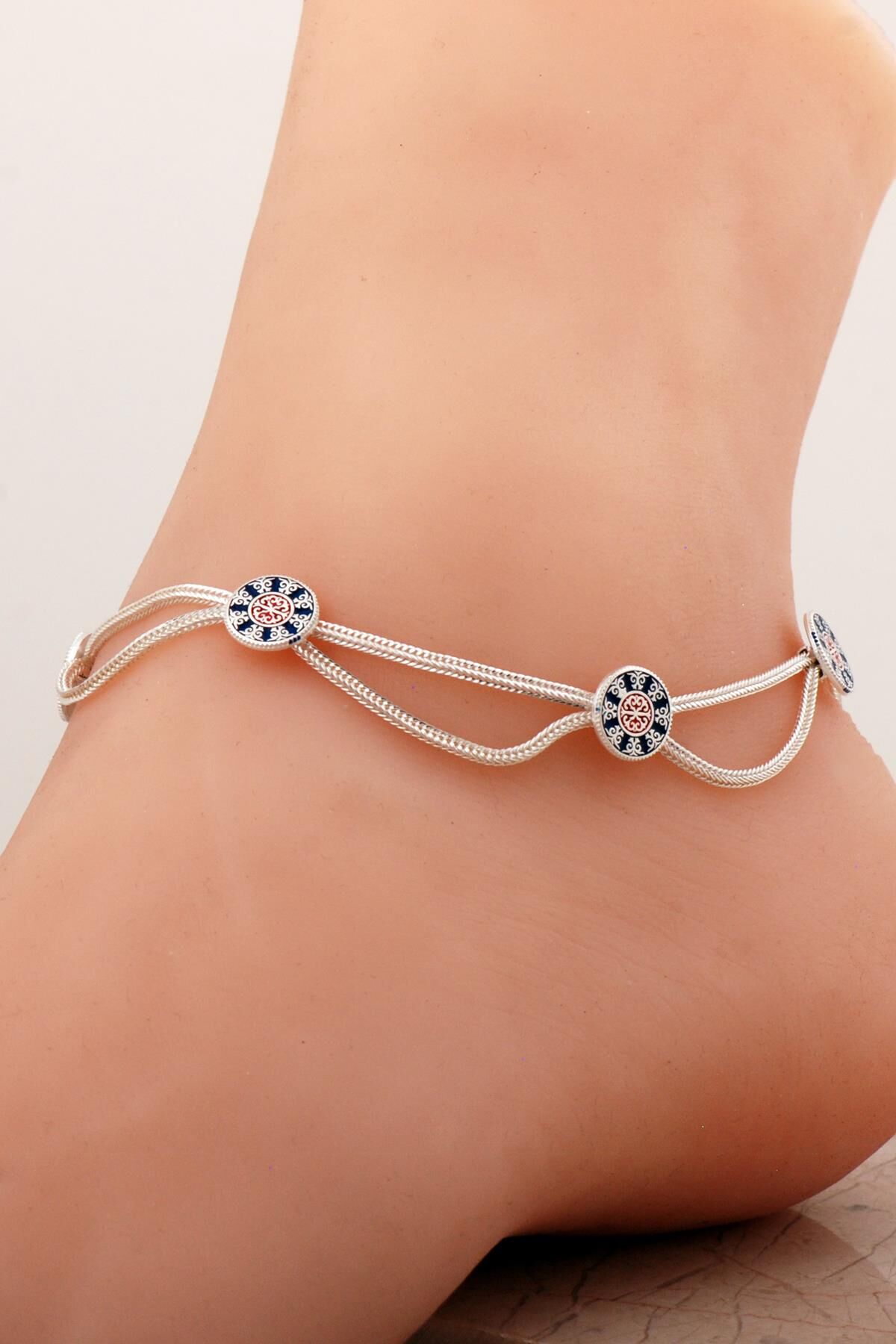 Anadolu Motifli Mineli Hasır Elişi Gümüş Halhal 394