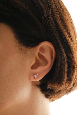 Yaprak Rodyumlu Mini Gümüş Küpe 7372