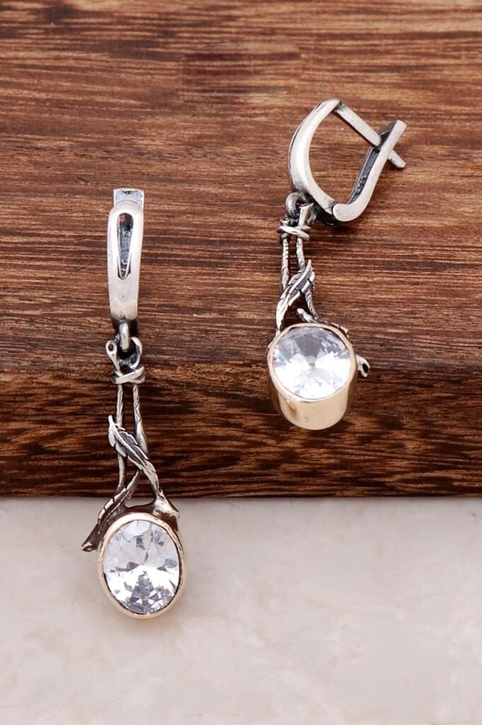 Quartz Taşlı Elişi Tasarım Sarmaşık Gümüş Küpe 4255