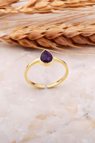 Ametist Taşlı Damla Altın Yaldızlı Gümüş Yüzük 3671