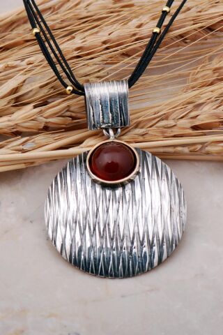 Akik Taşlı Çekiç Dövme Elişi Gümüş Kolye 7425