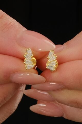 Baget Taşlı Altın Kaplama Mini Gümüş Küpe 7377