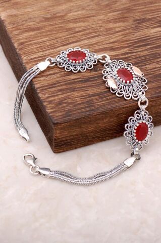 Kök Yakut Taşlı Telkari İşlemeli Gümüş Bileklik 2947