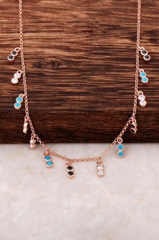 Rose Gümüş Sallantılı Mix Taşlı Tasarım Kolye 3171