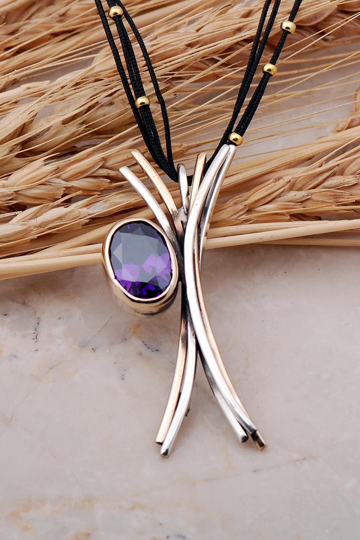 Ametist Taşlı Elişi Tasarım Gümüş Kolye 7427