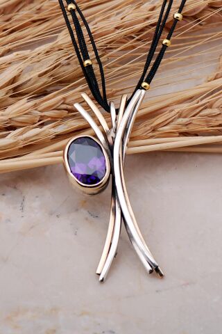 Ametist Taşlı Elişi Tasarım Gümüş Kolye 7427