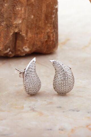 Göz Yaşı Damlası Taşlı Rodyumlu Gümüş Küpe 6907