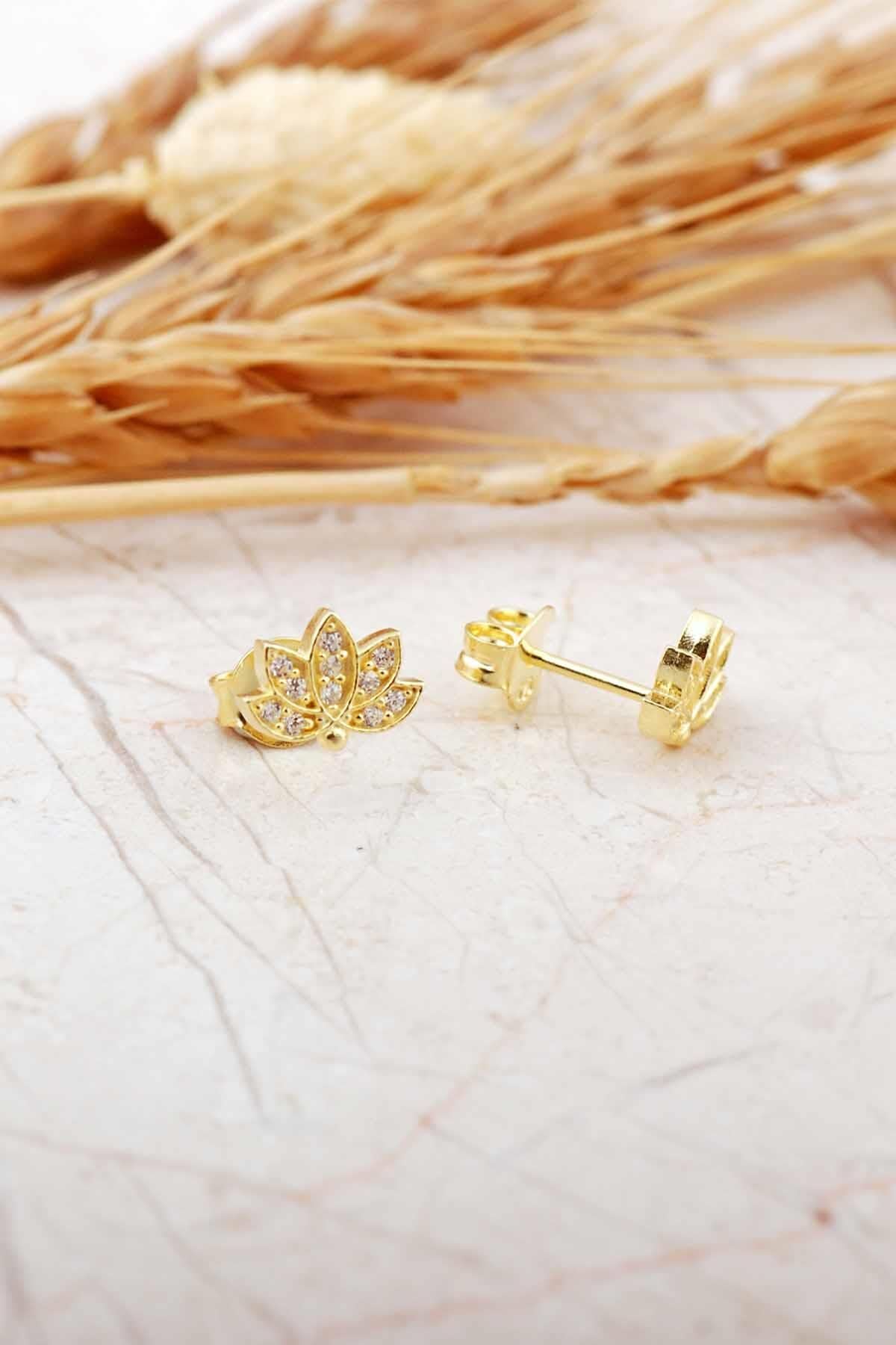 Lotus Çiçeği Altın Kaplama Mini Gümüş Küpe 7379