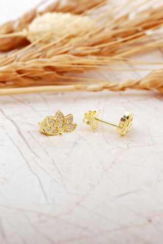 Lotus Çiçeği Altın Kaplama Mini Gümüş Küpe 7379