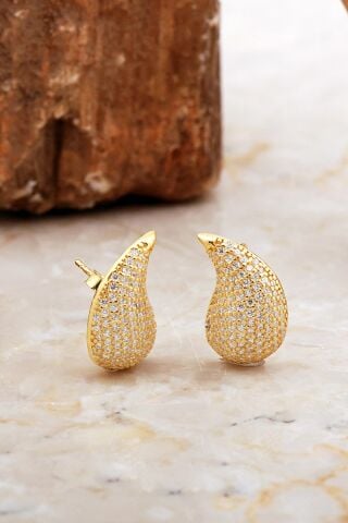 Göz Yaşı Damlası Taşlı Altın Kaplama Gümüş Küpe 6908