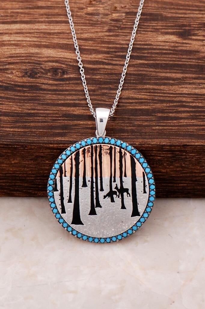 Doğa Temalı Turkuaz Taşlı Tasarım Rose Gümüş Plaka Kolye 3161