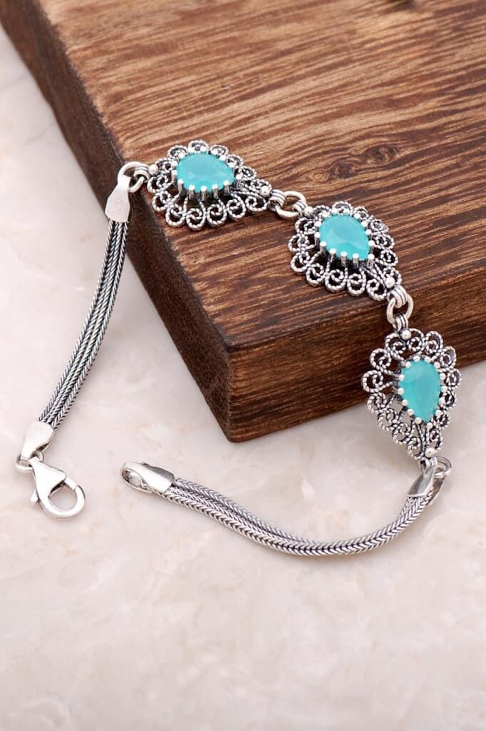 Kalsedon Taşlı Telkari İşlemeli Gümüş Bileklik 2950