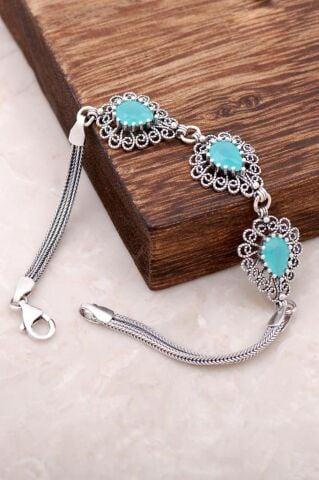 Kalsedon Taşlı Telkari İşlemeli Gümüş Bileklik 2950