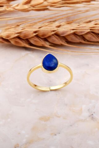 Lapis Lazuli Taşlı Damla Altın Yaldızlı Gümüş Yüzük 3674