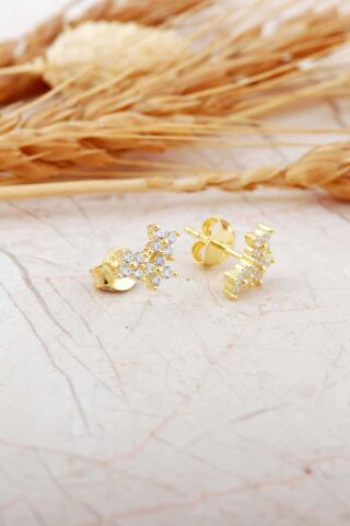 Üçlü Çiçek Altın Kaplama Mini Gümüş Küpe 7381