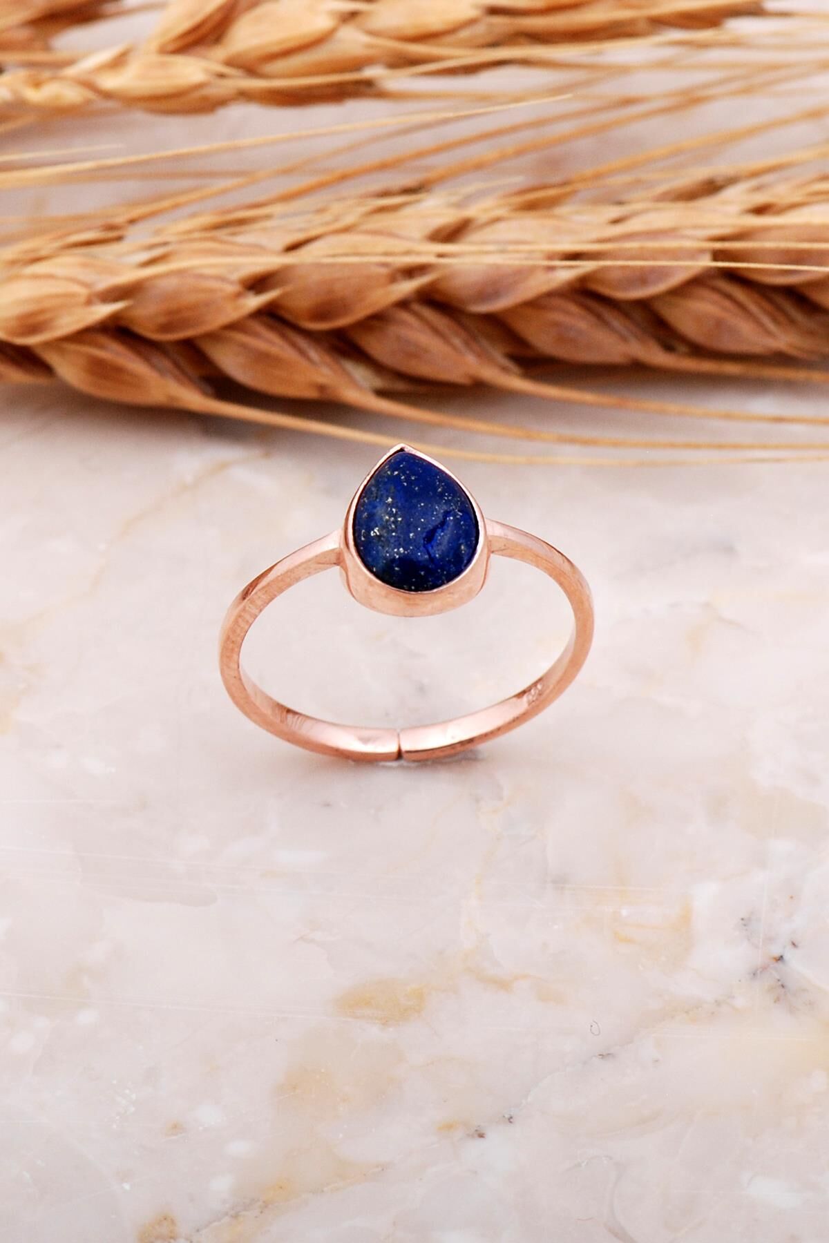 Lapis Lazuli Taşlı Damla Rose Gümüş Yüzük 3675