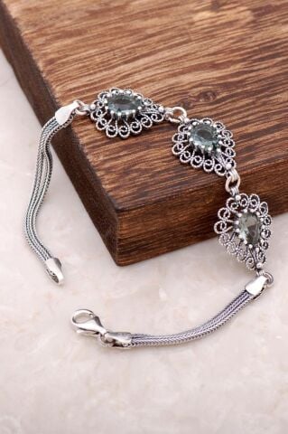 Mistik Topaz Taşlı Telkari İşlemeli Gümüş Bileklik 2951