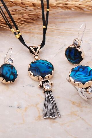 Okyanus Sedefi Elişi Gümüş Tasarım Set 2530