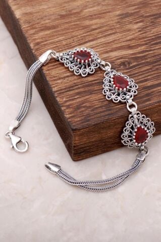 Kök Yakut Taşlı Telkari İşlemeli Damla Gümüş Bileklik 2952