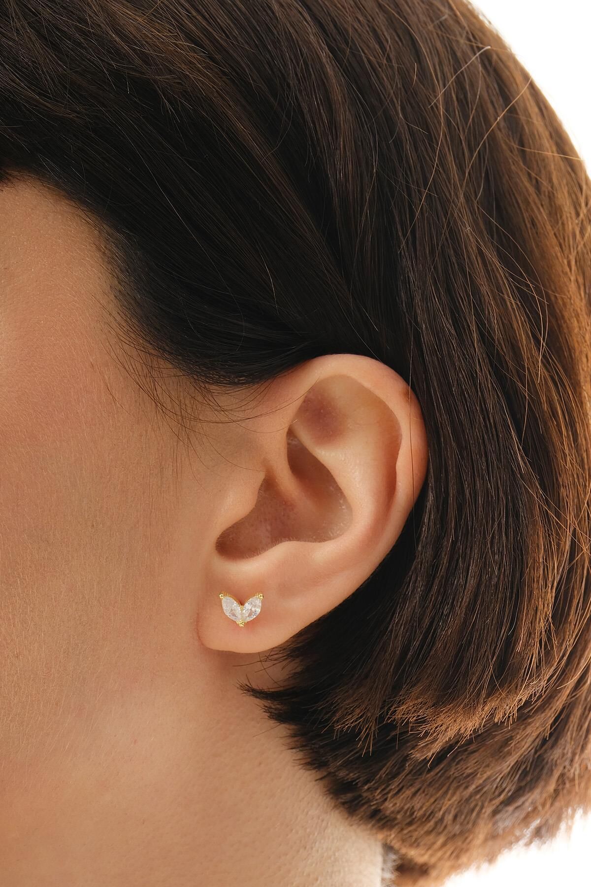 Mekik Taşlı Kelebek Altın Kaplama Mini Gümüş Küpe 7383