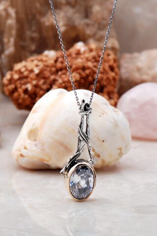 Kuvars Taşlı Elişi Sarmaşık Tasarım 925 Ayar Gümüş Kolye 6296