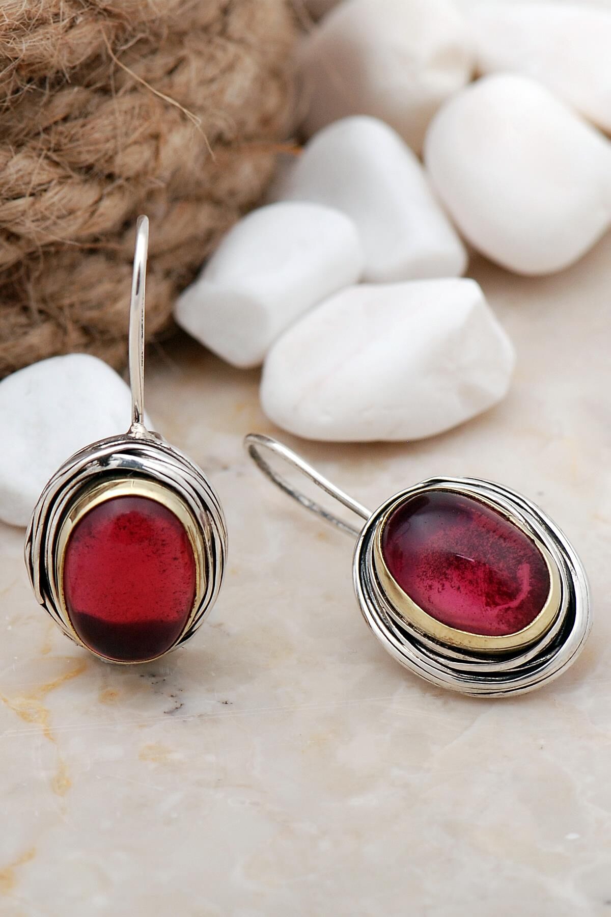 Lal Taşlı Tel Sarma Elişi Oval Gümüş Küpe 5600