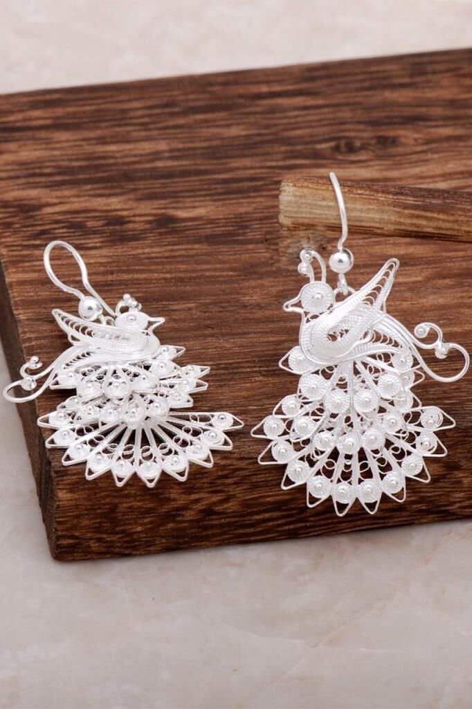 Telkari Tavus Kuşu Tasarım Gümüş Küpe 4622