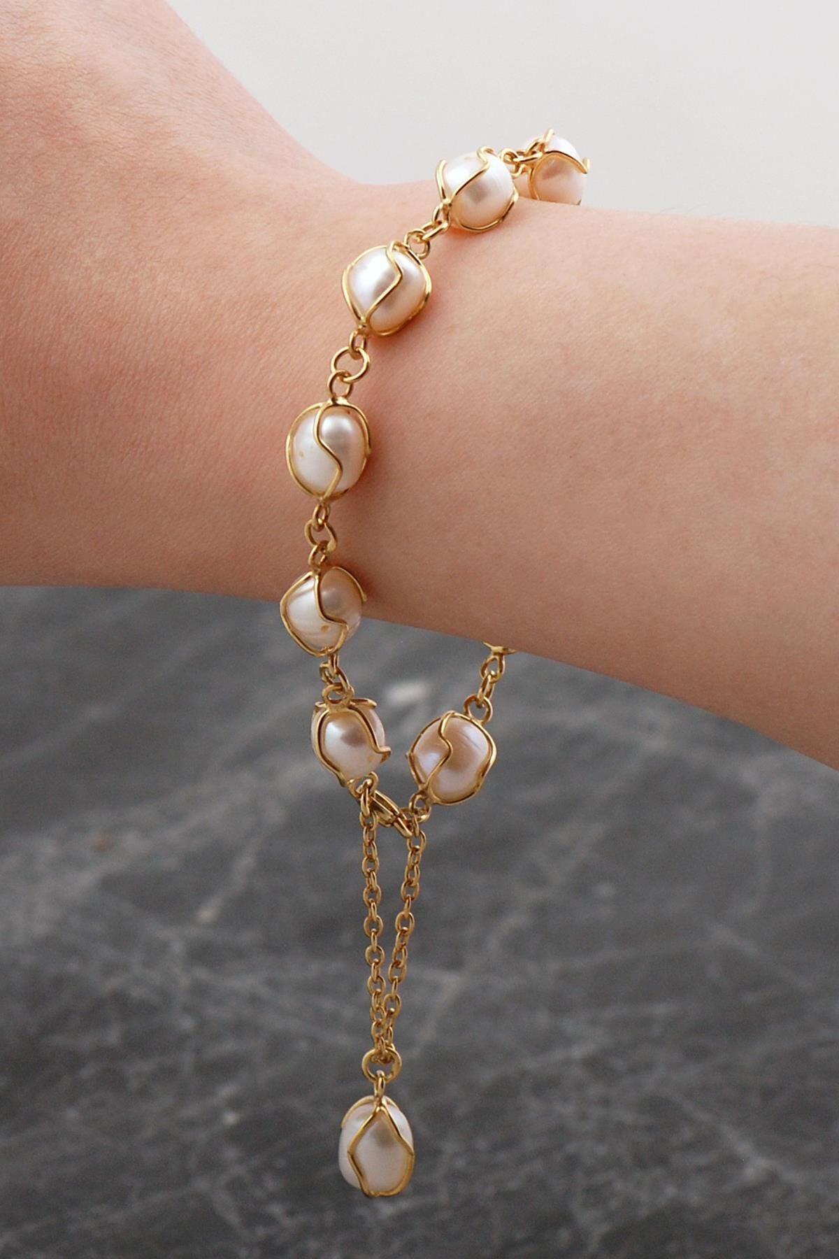 İncili Kafes Elişi Altın Kaplama Gümüş Bileklik 4816