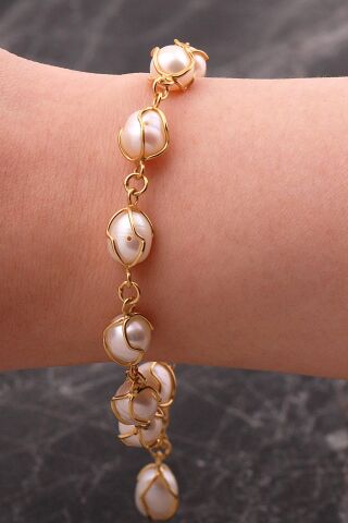 İncili Kafes Elişi Altın Kaplama Gümüş Bileklik 4816