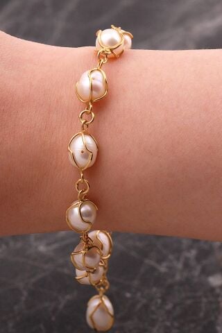 İncili Kafes Elişi Altın Kaplama Gümüş Bileklik 4816