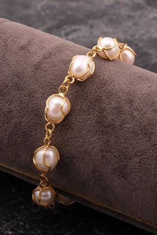 İncili Kafes Elişi Altın Kaplama Gümüş Bileklik 4816