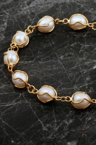 İncili Kafes Elişi Altın Kaplama Gümüş Bileklik 4816