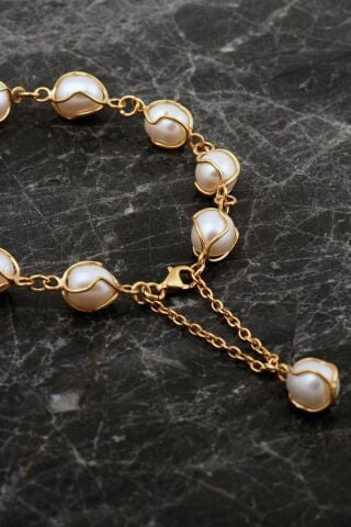 İncili Kafes Elişi Altın Kaplama Gümüş Bileklik 4816