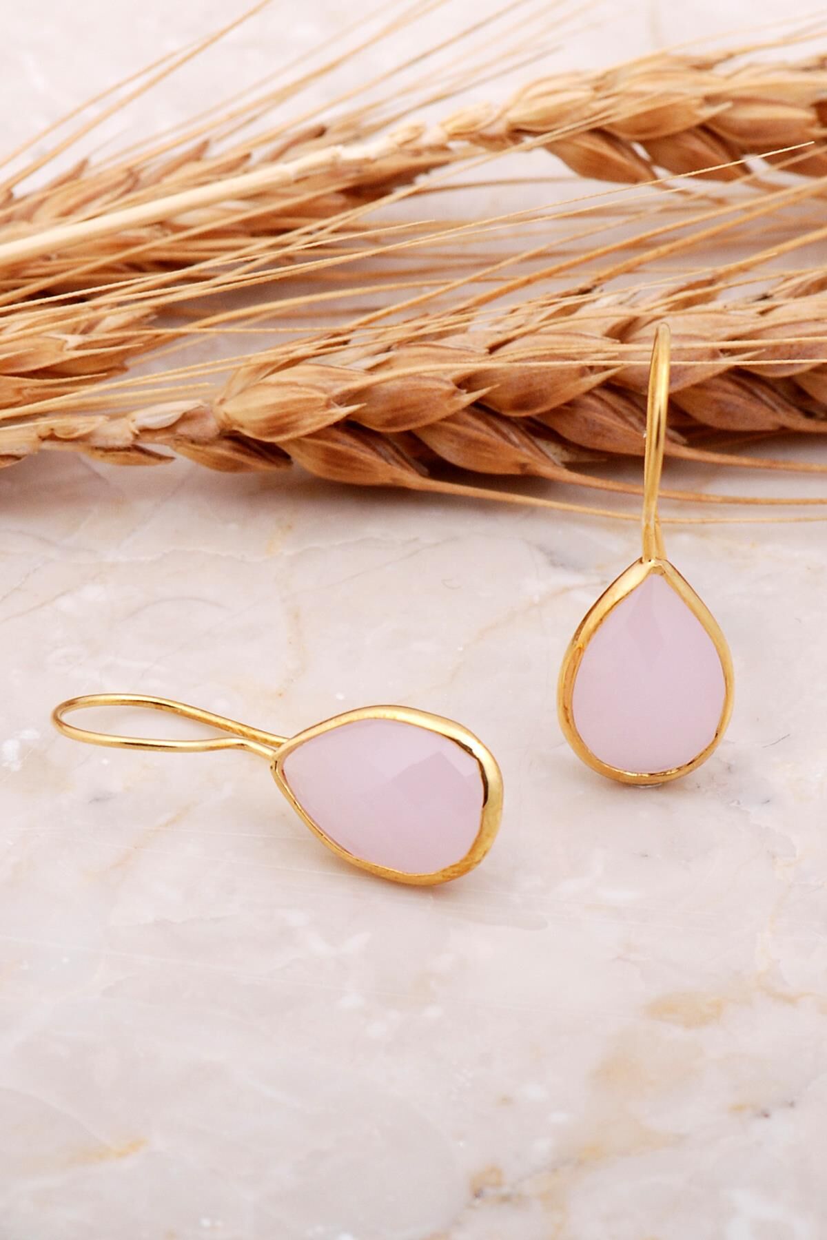 Pembe Kuvars Taşlı Damla Altın Kaplama Gümüş Küpe 5886