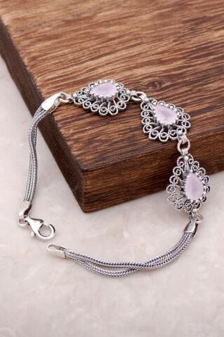 Pembe Quartz Taşlı Telkari İşlemeli Gümüş Bileklik 2955