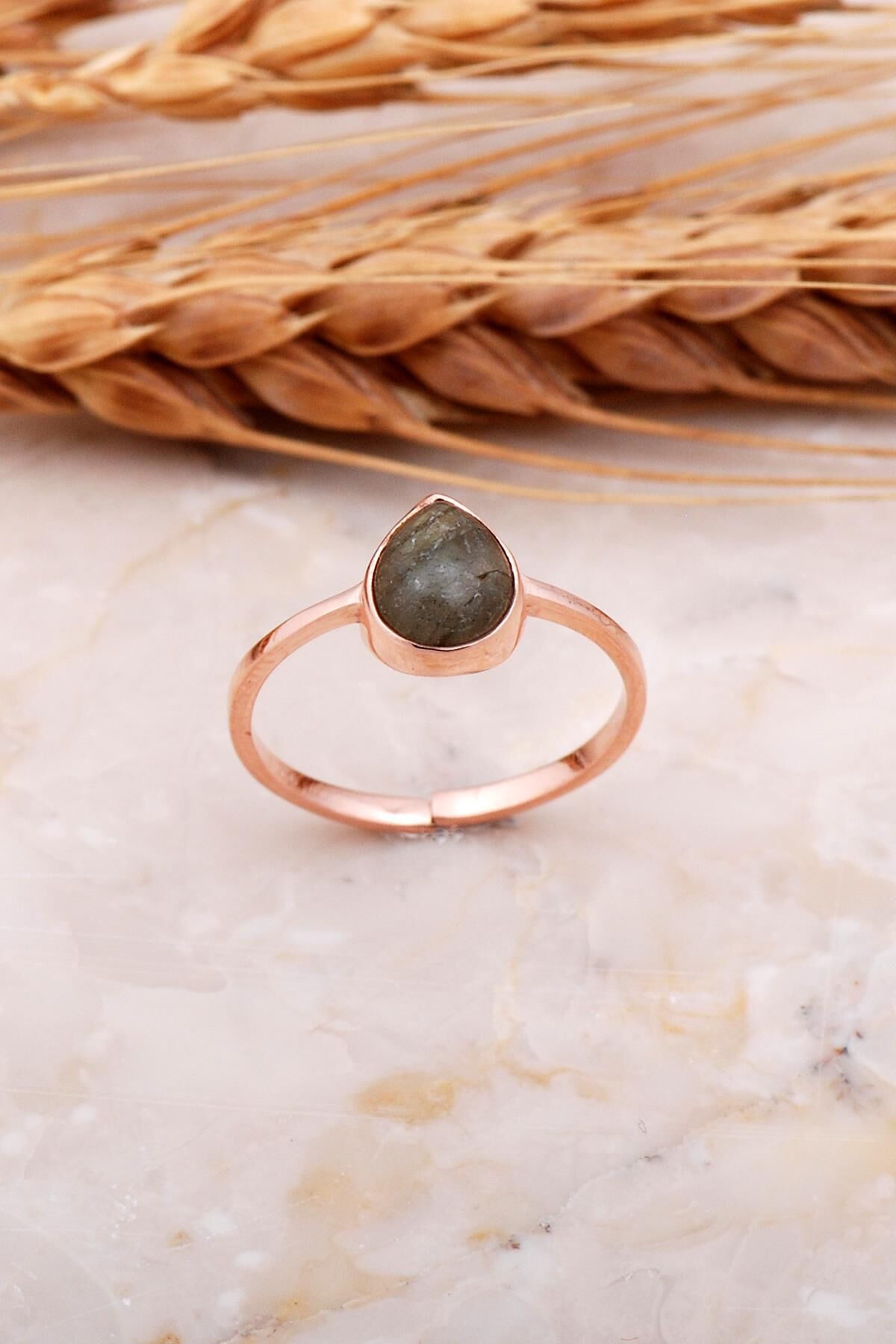 Labradorit Taşlı Damla Rose Gümüş Yüzük 3678