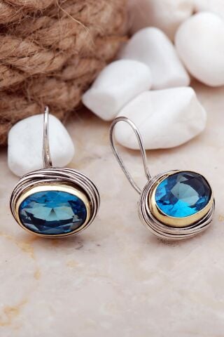 Akuamarin Taşlı Tel Sarma Elişi Gümüş Küpe 5603