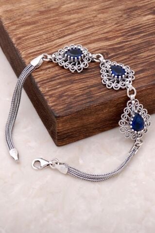 Safir Taşlı Telkari İşlemeli Gümüş Bileklik 2957