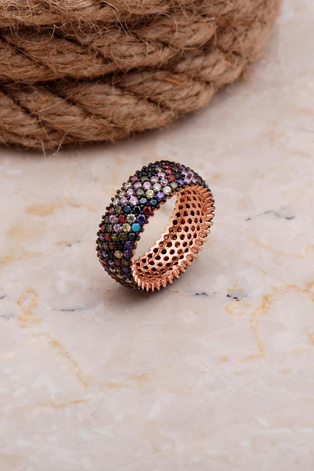 Tamtur Beş Sıra Mix Taşlı Rose Gümüş Yüzük 2654