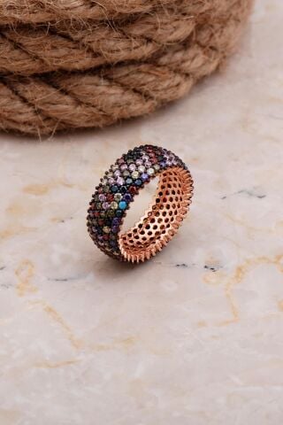 Tamtur Beş Sıra Mix Taşlı Rose Gümüş Yüzük 2654