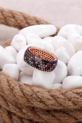 Tamtur Beş Sıra Mix Taşlı Rose Gümüş Yüzük 2654